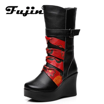 Fujin 9cm Print Etnic Confortabil Pantofi de Moda Femei Genunchi Ridicat din Piele Toamna Primavara Papuceii de Pluș Iarna Platforma Wedge - Imagine 1  