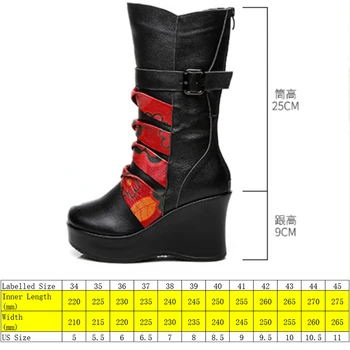 Fujin 9cm Print Etnic Confortabil Pantofi de Moda Femei Genunchi Ridicat din Piele Toamna Primavara Papuceii de Pluș Iarna Platforma Wedge - Imagine 2  