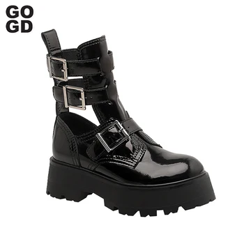 GOGD Brand de Moda pentru Femei Cizme Glezna cele mai Noi 2023 Cizme de Vara Platforma Catarama Respira Pantofi de Brevet Pu Rotund Deget de la picior Stil Punk - Imagine 1  