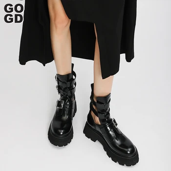 GOGD Brand de Moda pentru Femei Cizme Glezna cele mai Noi 2023 Cizme de Vara Platforma Catarama Respira Pantofi de Brevet Pu Rotund Deget de la picior Stil Punk - Imagine 2  