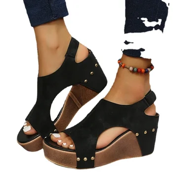 Gură De Pește Nit Platforma Wedge Sandale Femei Plus Dimensiune Romen Sandale Vintage Din Lemn De Cereale Unic Sandalias De Mujer 2024 - Imagine 2  
