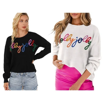 Gât rotund Colorat Scrisoare de Imprimare Pulover tricotat pentru Femei de Toamna Toamna Vrac se Potrivi Pulover de Top cu Maneca Lunga Camasi Pulovere - Imagine 1  