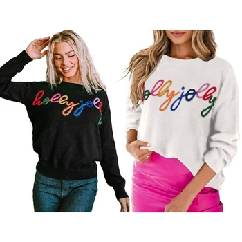 Gât rotund Colorat Scrisoare de Imprimare Pulover tricotat pentru Femei de Toamna Toamna Vrac se Potrivi Pulover de Top cu Maneca Lunga Camasi Pulovere - Imagine 2  