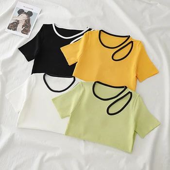 HELIAR Femei T-shirt de Tricotat Teuri Cu Gaura Femei O-Neck Solid Design Elegant cu Maneci Scurte Slab T-shirt Femei de Vară 2020 T - Imagine 1  