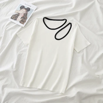 HELIAR Femei T-shirt de Tricotat Teuri Cu Gaura Femei O-Neck Solid Design Elegant cu Maneci Scurte Slab T-shirt Femei de Vară 2020 T - Imagine 2  