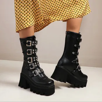 Iarna Gotice Punk Femei Cizme Cu Platforma Negru Catarama Curea Cu Fermoar Creeper Pantofi Pene La Jumătatea Vițel Cizme De Luptă Femei - Imagine 1  