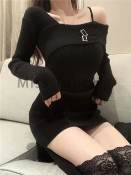 Iarna, Sexy, Vintage Rochie Din Tricot Femei De Pe Umăr Elegantă Rochie Mini De Sex Feminin Coreeană Designer De Moda Y2k Rochie De Petrecere 2023 Noi - Imagine 2  