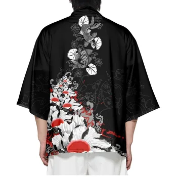 Japoneze Crap Negru Print Kimono Bărbați Femei Tradiționale Plaja Cămașă De Vară, Halate De Baie Kimono - Imagine 1  