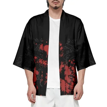 Japoneze Crap Negru Print Kimono Bărbați Femei Tradiționale Plaja Cămașă De Vară, Halate De Baie Kimono - Imagine 2  