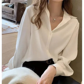 Japonia stil coreean Deisgn Moda Alb Biroul Femeie Bluze Rever Maneca Lunga Șifon Camasi Elegante, Chic Top Haine de sex Feminin - Imagine 1  