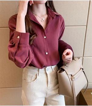 Japonia stil coreean Deisgn Moda Alb Biroul Femeie Bluze Rever Maneca Lunga Șifon Camasi Elegante, Chic Top Haine de sex Feminin - Imagine 2  