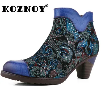 Koznoy 6cm Ambarcațiuni Jacquard Pânză Cizme de Designer Broderie ZIP Plus Dimensiune Etnică Femei Primavara Etnice Autentice din Piele de Toamna de Pantofi - Imagine 1  