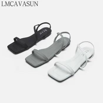LMCAVASUN franceză curea subțire sandale femei vara plat cu negru cu cap pătrat linie cu simplu uri de moda Roman pantofi - Imagine 1  