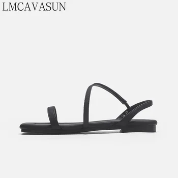 LMCAVASUN franceză curea subțire sandale femei vara plat cu negru cu cap pătrat linie cu simplu uri de moda Roman pantofi - Imagine 2  