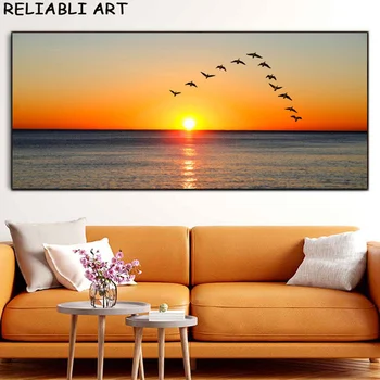 Mare Apus de soare cu Delfin Pasăre Panza Pictura Peisaj Natural de Postere și de Imprimare Arta de Perete de Imagine pentru Camera de zi Decor Acasă Nici un Cadru - Imagine 1  