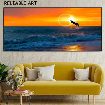 Mare Apus de soare cu Delfin Pasăre Panza Pictura Peisaj Natural de Postere și de Imprimare Arta de Perete de Imagine pentru Camera de zi Decor Acasă Nici un Cadru - Imagine 2  