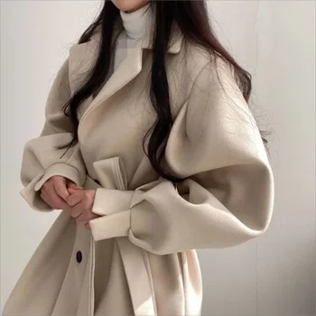 Mid-long sport guler haină de lână femei curea vintage de Iarnă liber de moda strat solid trenci ofițeresc - Imagine 2  