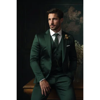 Moda de culoare Verde Închis Bărbați Costume High-end Notch Rever Singur Pieptul de 3 Piese Chic Casual Smart Office Tinutele de Nunta Mirele Tuxedo - Imagine 1  