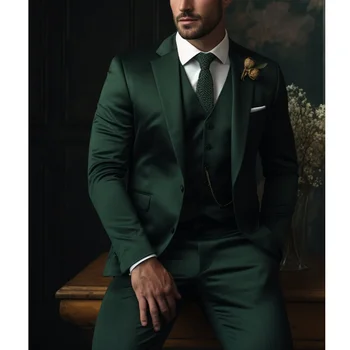 Moda de culoare Verde Închis Bărbați Costume High-end Notch Rever Singur Pieptul de 3 Piese Chic Casual Smart Office Tinutele de Nunta Mirele Tuxedo - Imagine 2  