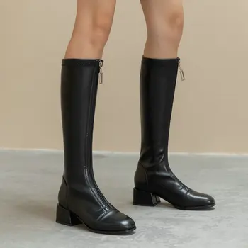 Moda Fata Cu Fermoar Genunchi Ridicat Cizme Femei Din Piele Pu Piața Low-Toc Cizme Lungi De Toamna Iarna Cu Fermoar Femeie Pantofi De Mari Dimensiuni 42 43 - Imagine 1  