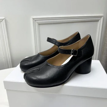 Moda Femei Noi Pompe Split Toe Superficial Gura Toc Înalt Pantofi Mary Jane De Înaltă Calitate Din Piele Curea Cataramă Pantofi De Zi Cu Zi - Imagine 2  