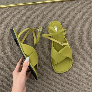 Moda pentru Femei Pantofi 2023 Feminin Sandale Tocuri Moi de Lux, Fete Bej Confort Scăzut de Vara Noi Scandaluri Bază Solidă vc5642 - Imagine 2  