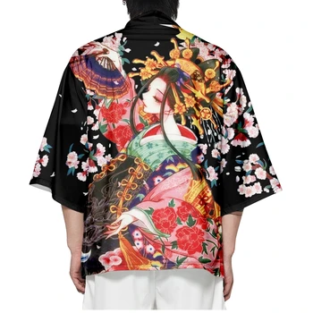 Moda Plajă Kimono Haine Japoneze Yukata Samurai Costum Haori Obi Barbati Negru Imprimare Cardigan Jacheta Streetwear - Imagine 1  