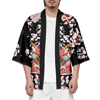 Moda Plajă Kimono Haine Japoneze Yukata Samurai Costum Haori Obi Barbati Negru Imprimare Cardigan Jacheta Streetwear - Imagine 2  