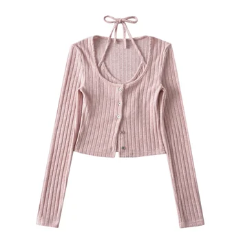 Moda toamna sexy cămăși și bluze haine de epocă butonul până camasi pentru femei bluza din tricot negru y2k stil maieu roz - Imagine 1  