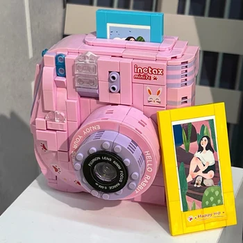 Model 3D DIY Mini Blocuri Caramizi de constructie Digital Aparat Polaroid Iepure Roz Aparat Foto de Jucărie Pentru Copii - Imagine 1  