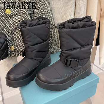 Nailon Impermeabil Captusit Pentru Femei Cizme De Zăpadă Lux Brand De Pantofi De Drumetii De Iarna Afara, Catarama Curea Plat Platforma De La Jumătatea Vițel Cizme Scurte - Imagine 1  