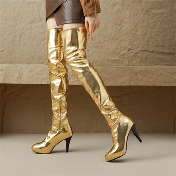 Navă de Iarnă Sexy Cutat de Over -- genunchi Cizme Lungi de 12 cm Stiletto cu Toc Înalt Coapsa Inalta Botas Petrecere de Femei Pantofi de Aur, Argint - Imagine 1  