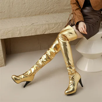 Navă de Iarnă Sexy Cutat de Over -- genunchi Cizme Lungi de 12 cm Stiletto cu Toc Înalt Coapsa Inalta Botas Petrecere de Femei Pantofi de Aur, Argint - Imagine 2  