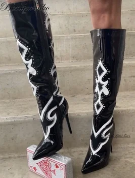 Negru Împânzit Print din Piele Cizme Genunchi Ridicat de Femei a Subliniat Toe Fermoar Tocuri inalte Sexy Cizme de Lux de Designer, Pantofi de Partid pe Oferta - Imagine 1  