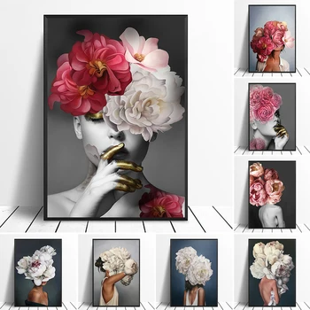 Nordic Acasă Decorative Poster Femei cu Flori de Trandafir Capul de Perete de Arta Canvas Tablou Modern Living Interior Decor Fara Rama - Imagine 1  