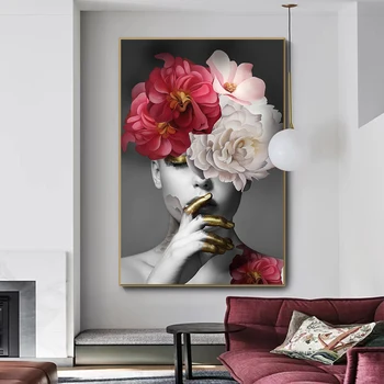 Nordic Acasă Decorative Poster Femei cu Flori de Trandafir Capul de Perete de Arta Canvas Tablou Modern Living Interior Decor Fara Rama - Imagine 2  