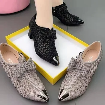 Nou Gol Plasă Pantofi de Vara pentru Femei de Moda Stras Toc Pătrat a Subliniat Deget de la picior Marimea 43 Fermoar Arc Sandale Femei Sandalis - Imagine 2  