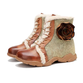 Noua Toamna Iarna Femei cizme de zăpadă de Mână frecat Flori Vintage din Piele Împletit Plus Catifea Plat Confortabil Cizme Scurte - Imagine 2  