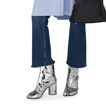 Noul Argint Ninja Tabi Cizme Femei Rotund Tocuri Femeie Pantofi De Moda Split Toe Glezna Cizme Pentru Femei Brand Design Botas De Mujer - Imagine 1  