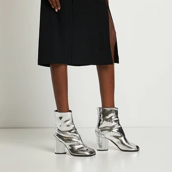Noul Argint Ninja Tabi Cizme Femei Rotund Tocuri Femeie Pantofi De Moda Split Toe Glezna Cizme Pentru Femei Brand Design Botas De Mujer - Imagine 2  