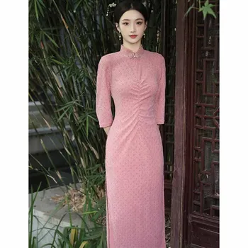 Nunta Logodna Îmbunătățirea Cheongsam Nou Chinezesc franceză Qipao Femei Tradiționale în Picioare, Gât Elegant Sexy Slim Fit Dress - Imagine 1  