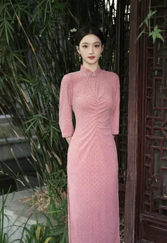 Nunta Logodna Îmbunătățirea Cheongsam Nou Chinezesc franceză Qipao Femei Tradiționale în Picioare, Gât Elegant Sexy Slim Fit Dress - Imagine 2  