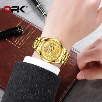 OPK Brand pentru Bărbați Ceasuri de Lux de Aur rezistent la apa Moda Luminos Tendință din Oțel Inoxidabil Curea Dragon Cuarț Ceas de mana Originale - Imagine 2  