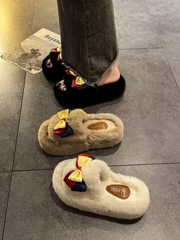 Pantofi blană Papuci de casă Plat Încălțăminte de Iarnă Turma Platformă de Lux Slide-uri de Fluture Nod Slipers Femei Med Plush Designer 2023 Moale w - Imagine 1  