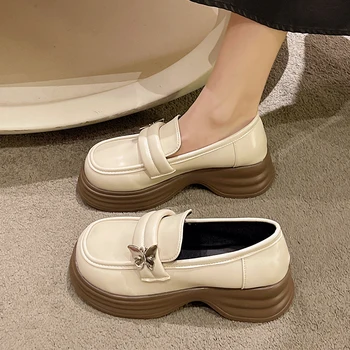 Pantofi Femei Apartamente Stil Britanic Oxfords Saboti Platforma Rotund Toe Dress Preppy din Piele de Vara Noi Liane PU Cauciuc Med de Bază - Imagine 2  
