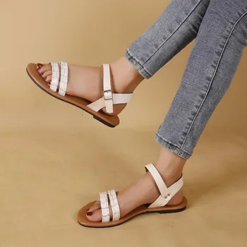 Pantofi pentru Femei 2023 Noi de Vara pentru Femei Sandale Culori Amestecate Rotund Deget de la picior Deget de la picior Deschis Un Cuvânt Catarama Low-toc Sandale Casual pentru Femei - Imagine 1  