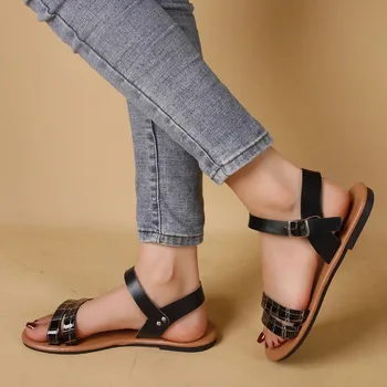 Pantofi pentru Femei 2023 Noi de Vara pentru Femei Sandale Culori Amestecate Rotund Deget de la picior Deget de la picior Deschis Un Cuvânt Catarama Low-toc Sandale Casual pentru Femei - Imagine 2  