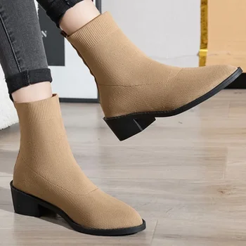 Pantofi pentru Femei 2023 Înaltă Calitate Aluneca pe Femei Toamna Cizme a Subliniat Toe Solid Concis Scurt Baril Tocuri Indesata Întinde Cizme - Imagine 1  