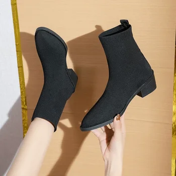 Pantofi pentru Femei 2023 Înaltă Calitate Aluneca pe Femei Toamna Cizme a Subliniat Toe Solid Concis Scurt Baril Tocuri Indesata Întinde Cizme - Imagine 2  