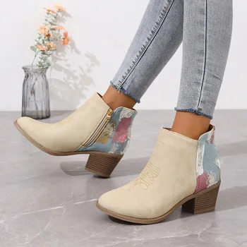 Pantofi pentru Femei de Vânzare la Cald cu Fermoar Femei Cizme de Iarna a Subliniat Toe Culori Amestecate Scurt Baril Pantofi Doamnelor Indesata Toc Cizme Chelsea - Imagine 2  